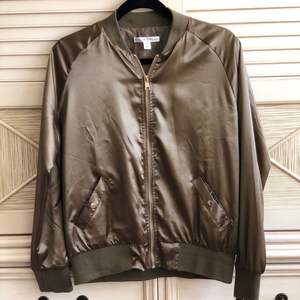 Satin Bomber jacket Army green and Rosegold zip M nwot